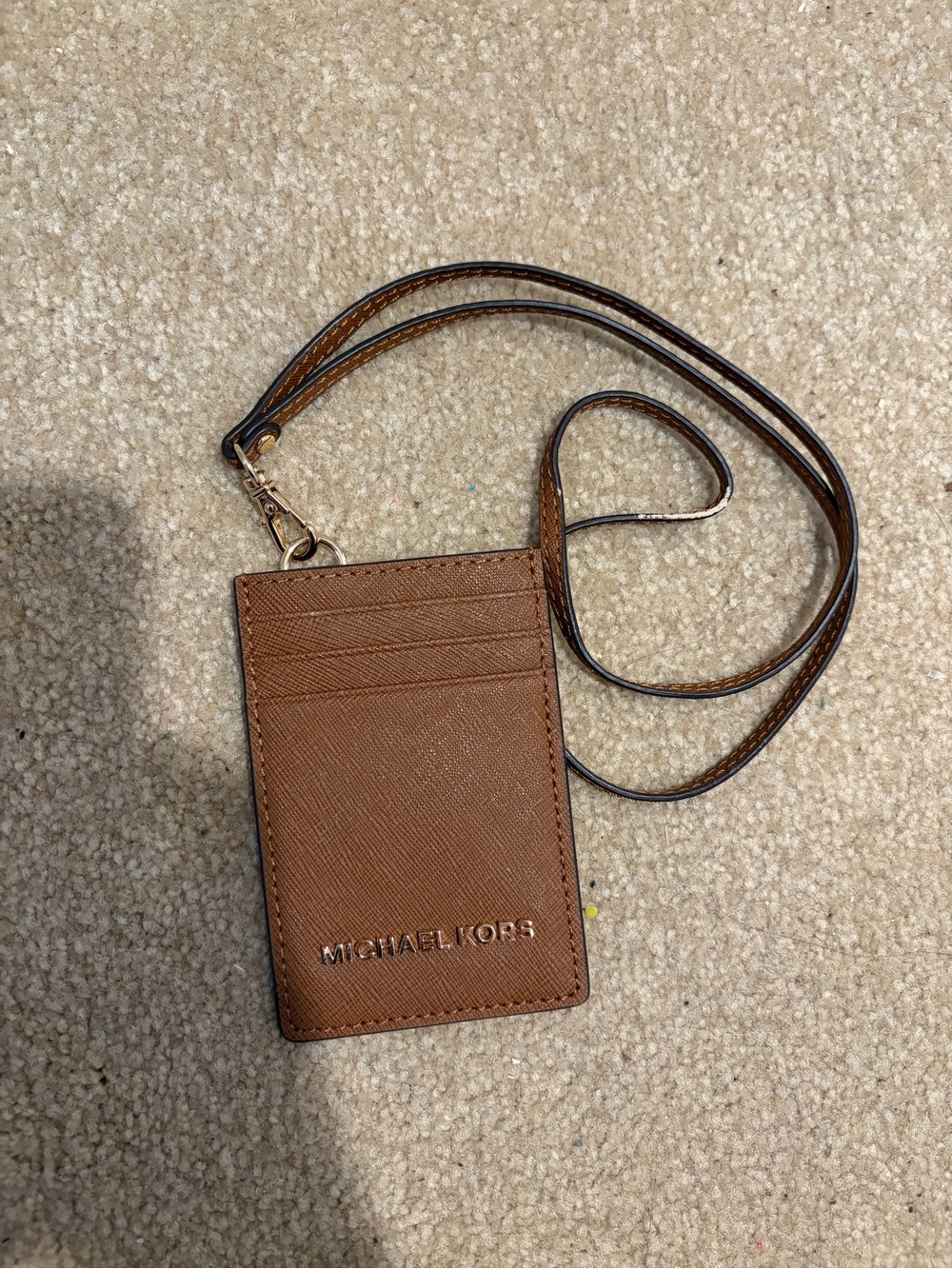 Michael Kors Brown Leather Cardholder Lanyard with Gold Logo